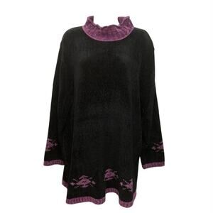 Denim & Co 1X Y2K Chenille Sweater Tunic Black Purple Mock Neck